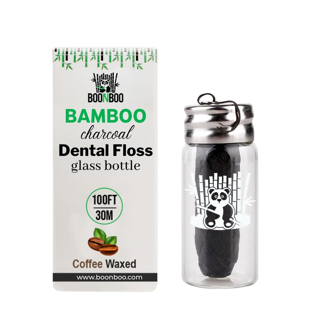 BOONBOO Dental Floss | 100FT/30M Bamboo Woven Fiber | Glass Bottle with Cutting Lid | Teeth Flosser with Holder (Coffee)