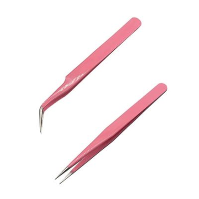 2 Pcs Eyelash Extension Tweezers - Straight & Curve Tip, Stainless Steel
