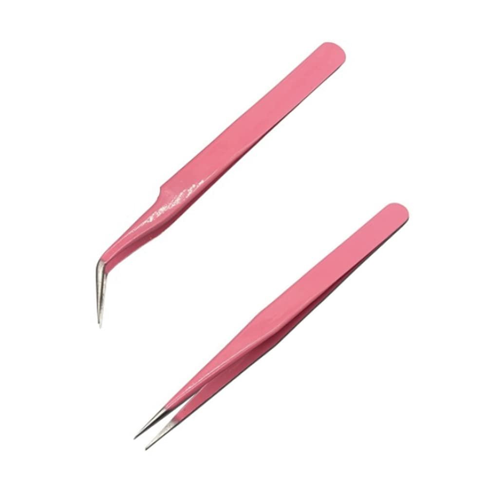 2 Pcs Eyelash Extension Tweezers - Straight & Curve Tip, Stainless Steel