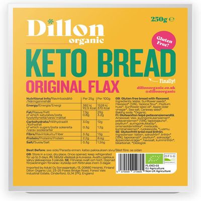 Dillon Organic Original Flax Keto Bread | Gluten-Free, Vegan, Low Sugar, High Fibre, Diabetic-Friendly, UPF Free - Unsliced, 250g