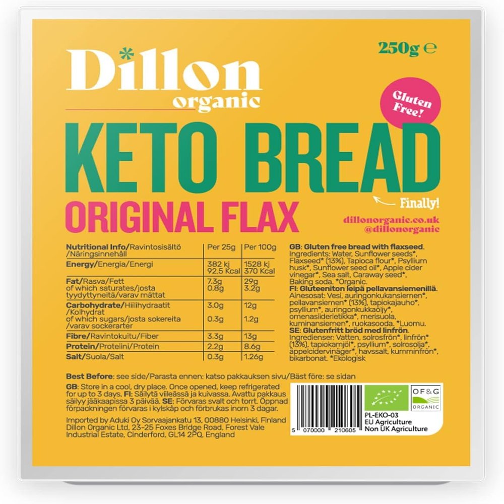 Dillon Organic Original Flax Keto Bread | Gluten-Free, Vegan, Low Sugar, High Fibre, Diabetic-Friendly, UPF Free - Unsliced, 250g