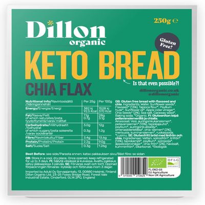 Dillon Organic Chia Flax Keto Bread | Gluten-Free, High Fibre, Vegan, Low Sugar, Diabetic-Friendly, High Omega-3, UPF Free - Unsliced, 250g