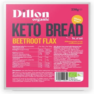 Dillon Organic Beetroot Flax Keto Bread | Gluten-Free, High Fibre, Vegan, Low Sugar, Diabetic-Friendly, High Omega-3, UPF Free - Unsliced, 250g