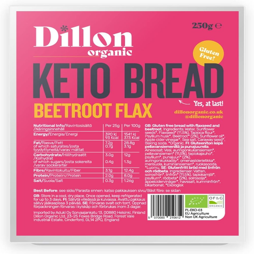 Dillon Organic Beetroot Flax Keto Bread | Gluten-Free, High Fibre, Vegan, Low Sugar, Diabetic-Friendly, High Omega-3, UPF Free - Unsliced, 250g