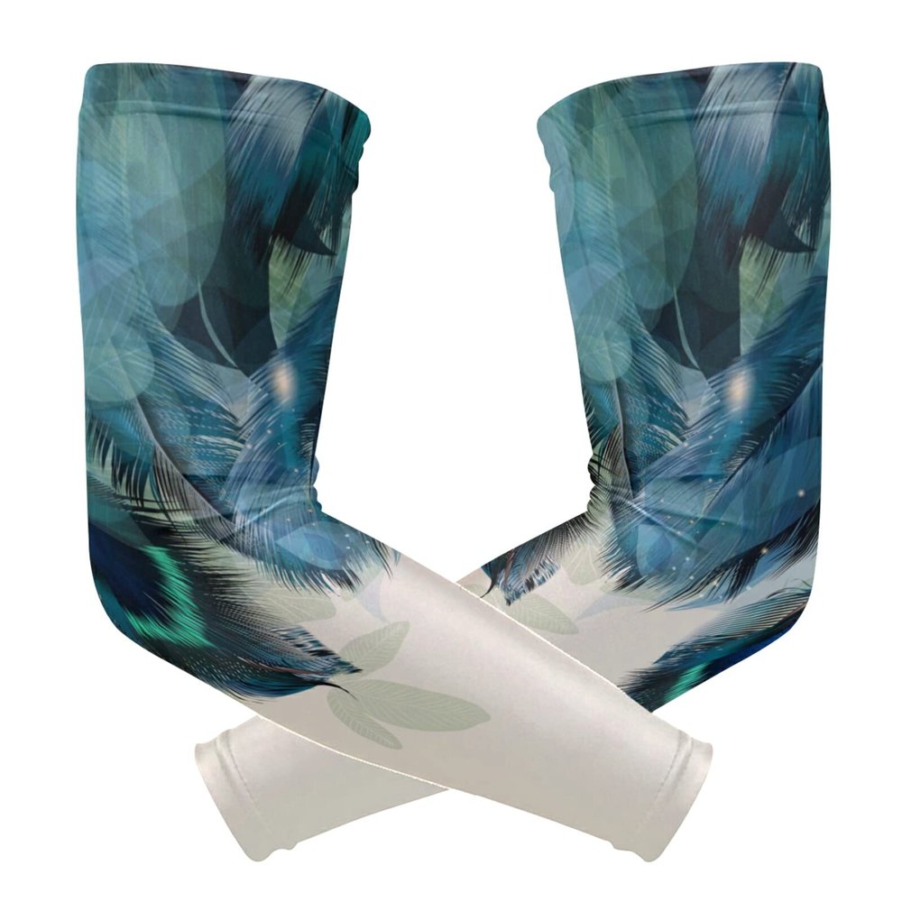 Abstract Floral Peacock Feathers Blue Green Leaves 1 Pair Cooling Sports Arm Sleeves, Cover Uv Sun Protection Warmer for Sports Men Women Running Golf Cycling Riding Jogging