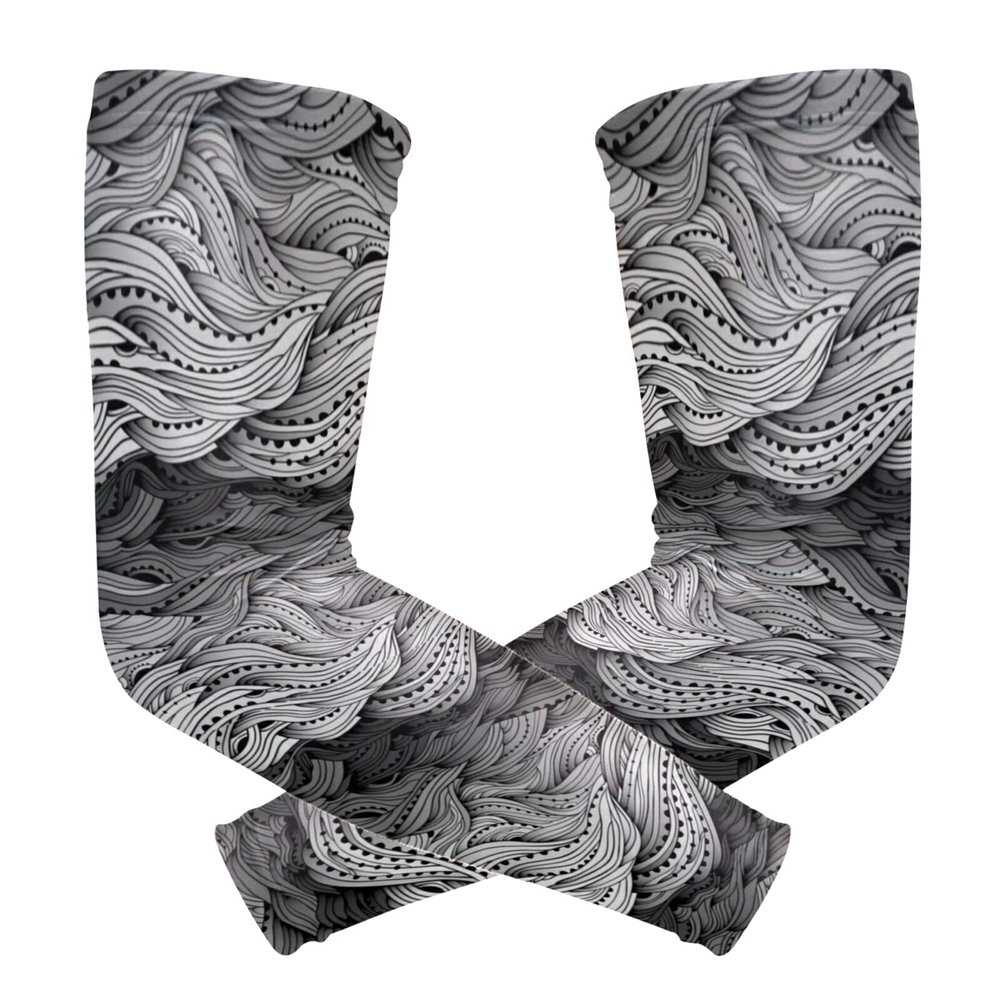 Abstract Water Pattern, Hand Drawn Black White Sea Waves 1 Pair Cooling Sports Arm Sleeves, Cover Uv Sun Protection Warmer for Sports Men Women Running Golf Cycling Riding Jogging