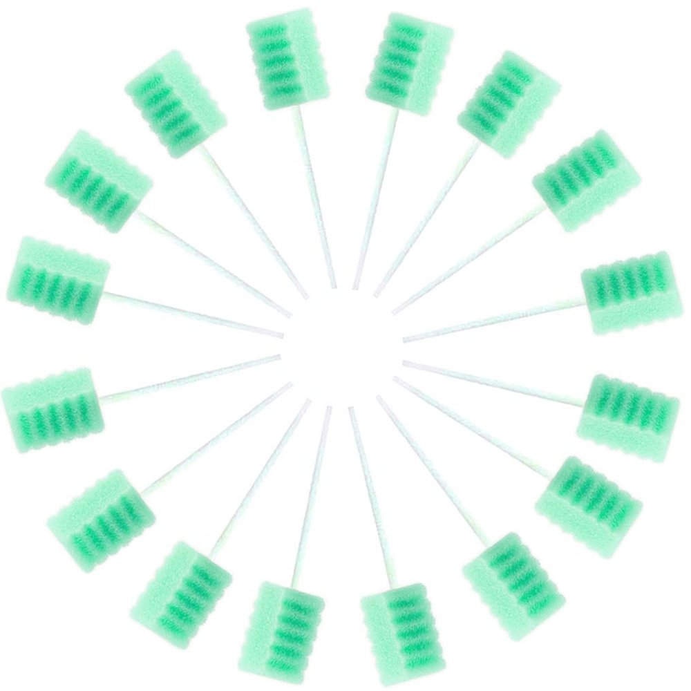 KEYWAYCARE Oral Swabs Disposable 100 Pcs Each Individually Wrapped Swabsticks Toothettes Mouth Swabs Sponge Dental Care Zigzag Wave Shaped Light Green Color Soft Foam Oral Swabs
