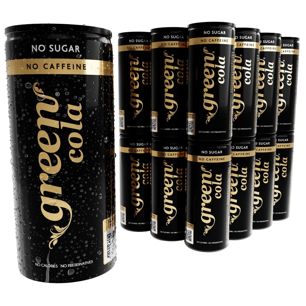Green Cola Caffeine-Free Soft Drink - Sugar-Free, Zero Calorie Fizzy Drinks Sweetened with Stevia - No Aspartame - Healthy Alternative Cans of Pop 24 Pack (330ml x 24)