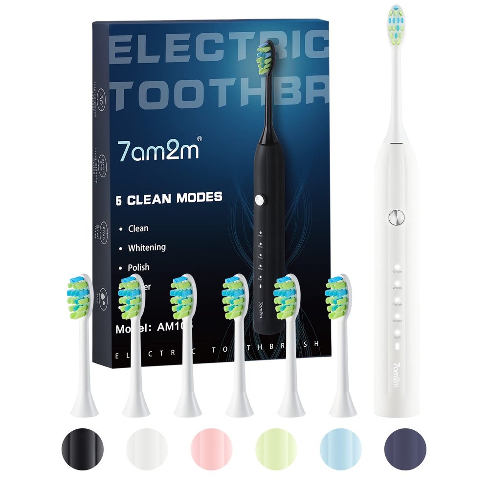 7AM2M Sonic Electric Toothbrush for Adults and Kids with 6 Brush Heads, 5 Modes with 2 Minutes Build in Smart Timer, One Charge Use for 90 Days, Rechargeable Toothbrushes (White)
