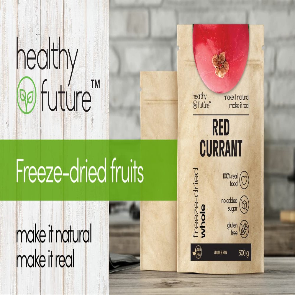 Healthy Future Freeze Dried Red Currant | Lyophilised Whole Fruit, Not Irradiated | 100% Natural, Vegan, Kosher | Free from Gluten, Sulphur, Preservatives, Added Sugar, GMO | 1 Pack of 500 g