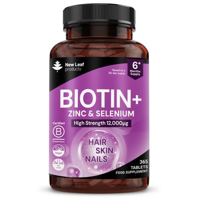 Biotin Hair Growth Vitamins 12,000mcg 365 D-Biotin Tablets Enriched with Zinc & Selenium Vegan Hair Skin & Nails Vitamins for Women and Men High Strength Hair Vitamins - UK Made by New Leaf