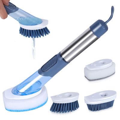 MASTERTOP Soap Dispensing Dish Brush, 4 in 1 Dish Scrubber Brush with Soap Dispenser, Washing Up Brushes for Kithen Pot Pan Sink Cleaning, Send 4 Brush Heads