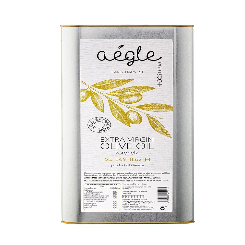 Aegle 5L Early Harvest Cold Pressed Olive Oil Extra Virgin, Premium Quality Polyphenol Rich Greek EVOO, Monovarietal green Koroneiki, Single Estate, Messenia, 5Litre Tin