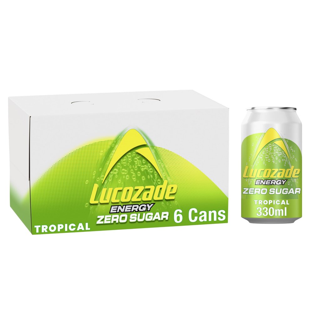 Lucozade Energy Zero Sugar Drink Tropical 330ml can (Pack of 6)