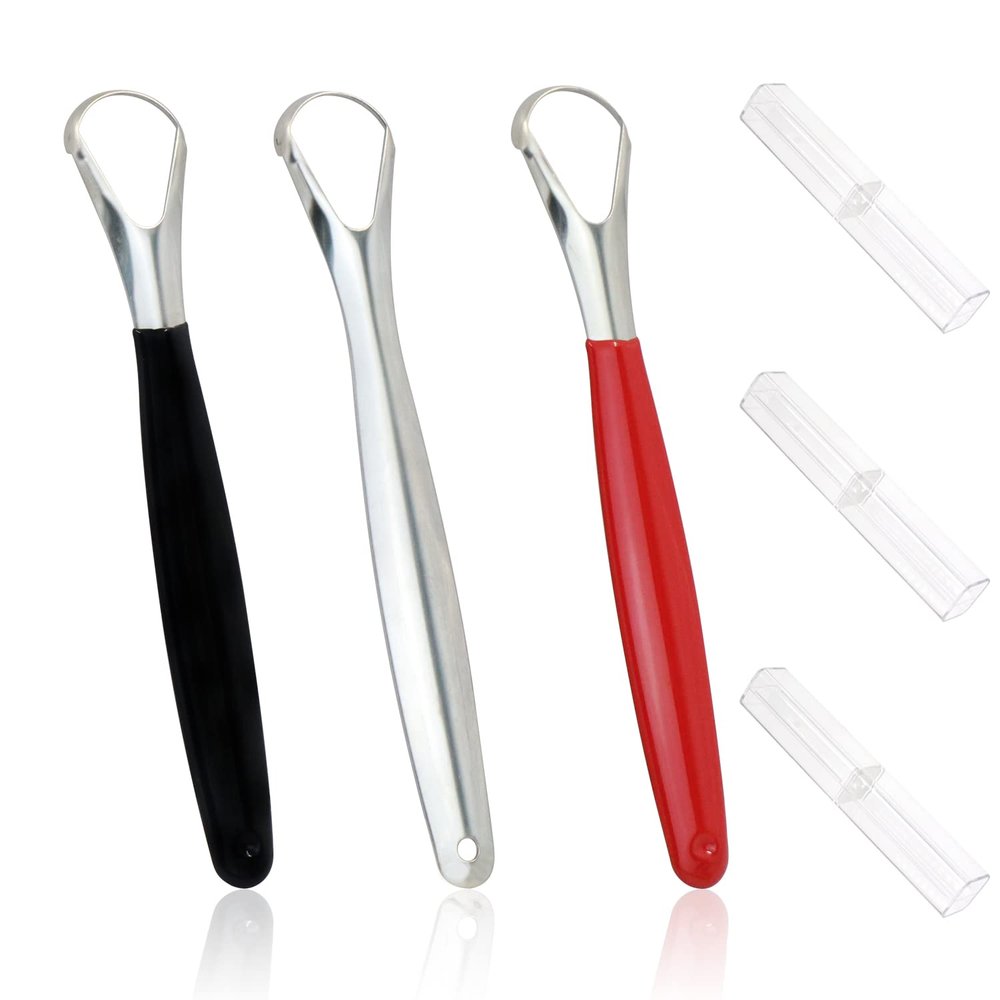3 Pack Stainless Steel Tongue Scraper with Case, Dual Scraping Metal Tongue Cleaner for Adults, Tongue Scraper Brush Kit, Fight Bad Breath, for Healthy Oral Care (Silver, Red, Black)