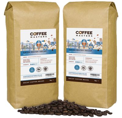 Coffee Masters Swiss Water Decaf Coffee Beans 2kg (2x1kg) - 100% Arabica Naturally Decaffeinated Bean - Great Taste Award Winner