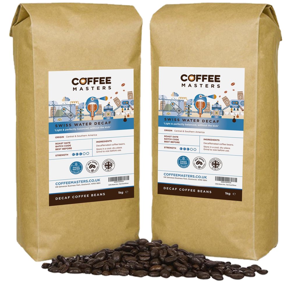 Coffee Masters Swiss Water Decaf Coffee Beans 2kg (2x1kg) - 100% Arabica Naturally Decaffeinated Bean - Great Taste Award Winner