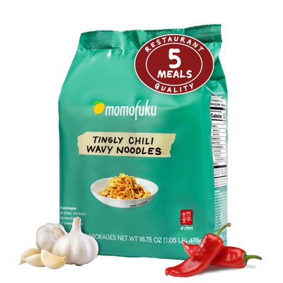 Momofuku Tingly Chili Ramen Noodles by David Chang, 5 Count (Pack of 1) Air-Dried Vegan Instant Noodles with 11g of Plant Based Protein