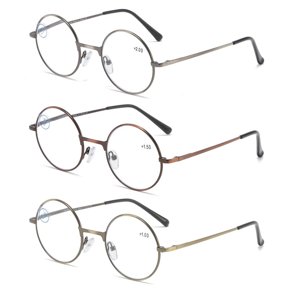 KoKoBin 3 Pack Round Frame Reading Glasses Blue Light Blocking Reader Metal Full Frame Anti Blue Light Retro Glasses Men and Women (3-Pack, 2.00, Diopters)