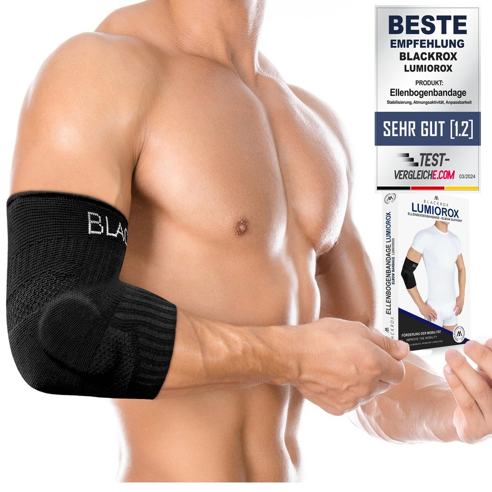 BLACKROX LUMIOROX Elbow Support for Men and Women Bodybuilding Sports Fitness Silicone Pad Left Right Double-Sided Compression Strength Sports Elbow Bandage (S, Black)