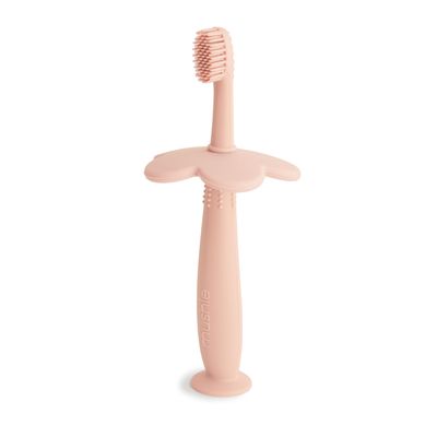 Mushie Silicone Training Toothbrush, for Infants and Toddlers, Suction Base for Easy Storage & Training, Material: Food Grade Silicone, Flower Design (Blush)