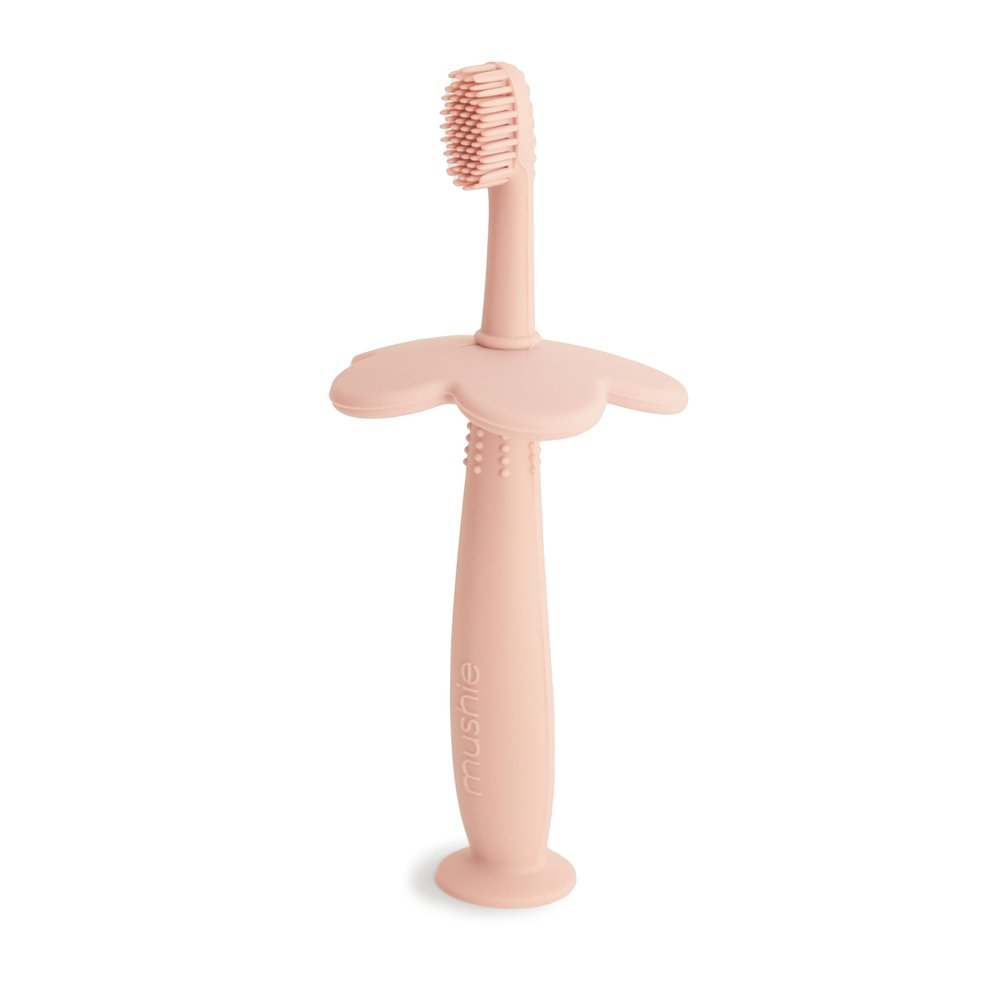 Mushie Silicone Training Toothbrush, for Infants and Toddlers, Suction Base for Easy Storage & Training, Material: Food Grade Silicone, Flower Design (Blush)