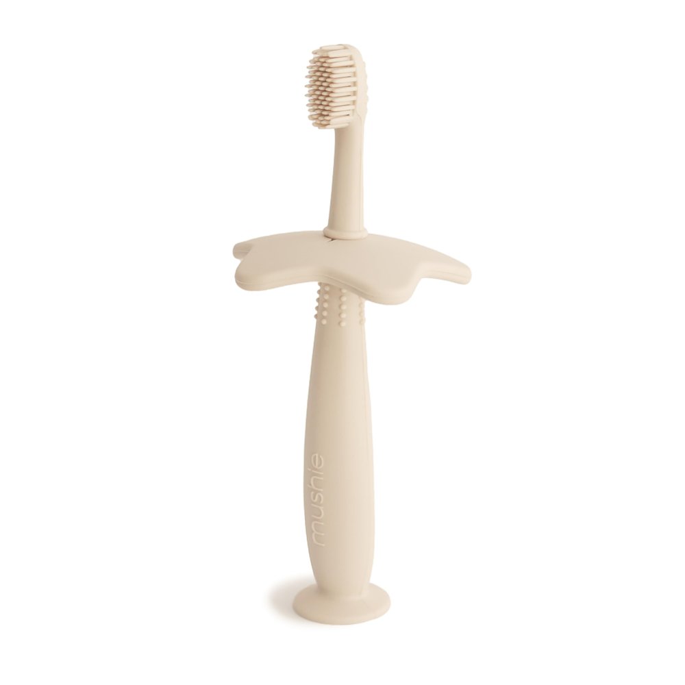 Mushie Silicone Training Toothbrush, for Infants and Toddlers, Suction Base for Easy Storage & Training, Material: Food Grade Silicone, Star Design (Shifting Sand)