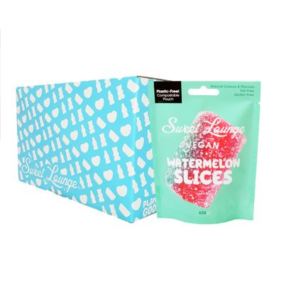 10x Sweet Lounge Vegan Fizzy Watermelon Pouch | 10x 65g Pouches | Plastic free compostable packaging. Natural Colours & Flavours | Gluten-Free. Vegan