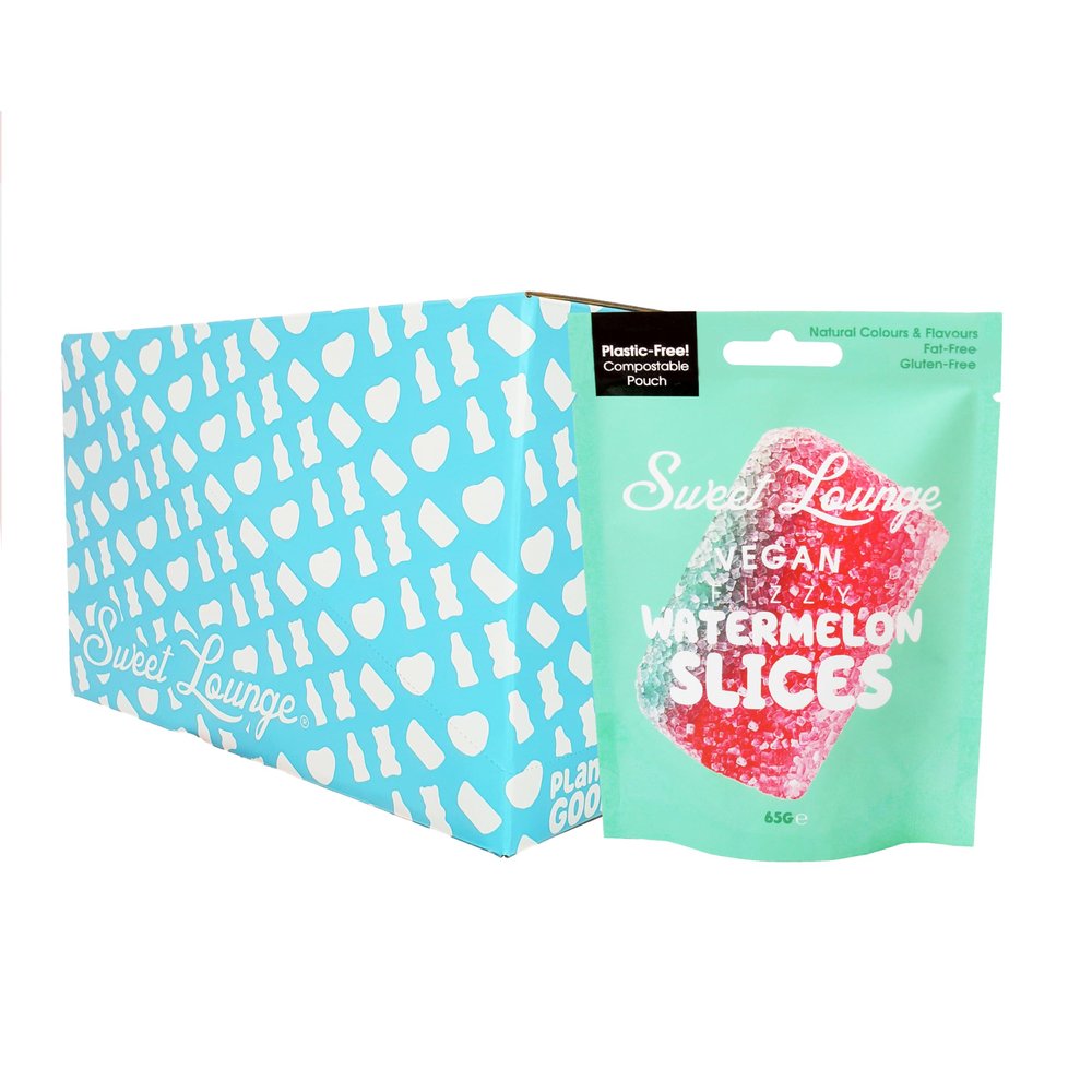 10x Sweet Lounge Vegan Fizzy Watermelon Pouch | 10x 65g Pouches | Plastic free compostable packaging. Natural Colours & Flavours | Gluten-Free. Vegan
