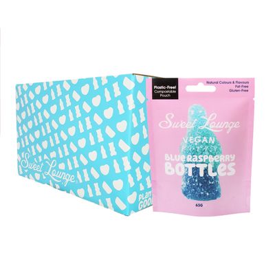 10x Sweet Lounge Vegan Fizzy Blue Raspberry Pouch | 10x 65g Pouches | Plastic free compostable packaging. Natural Colours & Flavours | Gluten-Free. Vegan