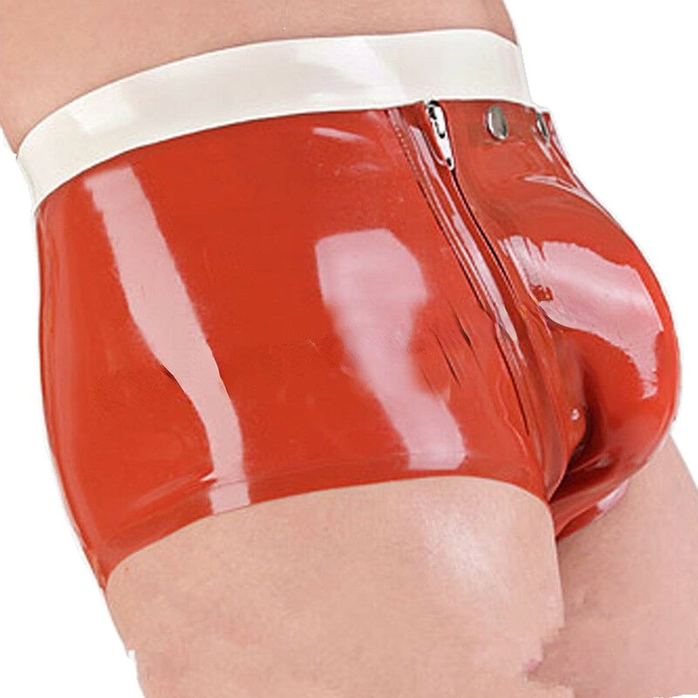 100% Pure Latex Rubber Opened Crotch Unique Red Brief Zipper Short Size XXS-3XL,Yellow,S
