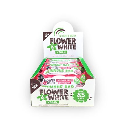 Flower & White Chocolate Dipped Strawberry Vegan Meringue Bars 15 Pack | Plant-Based Chocolate Bar, Low-Calorie Snack, Gluten-Free | Under 100 Calories Per Bar, Natural Flavours | (15 x 20g)