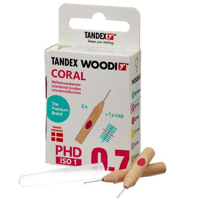 Tandex Woodi 6 Interdental Brushes - Coral PHD 0.7 ISO 1 - Pack of 12