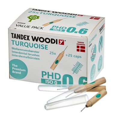 Tandex Woodi 25 Interdental Brushes - Turquoise PHD 0.6 ISO 0 - Pack of 6