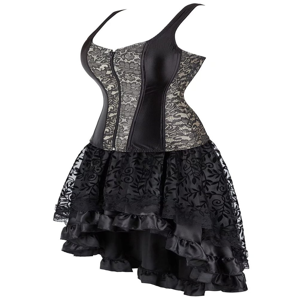 jutrisujo Corset Dress Sexy Skirt Set Gothic Outfits Costume Basquesr Victorian Khaki Black 2XL