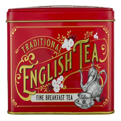 New English Teas Vintage Victorian Tea Tin in Berry-Red with 40 English Breakfast Teabags