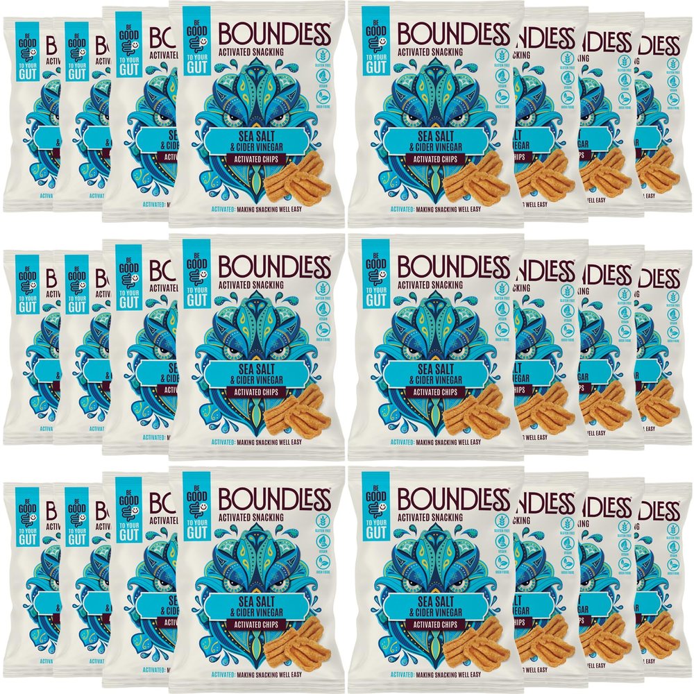 Boundless Activated Chips - Gut Health Vegan Crisps Multipack - Sea Salt & Cider Vinegar Crisps - Pea Protein Crisps - Gluten Free Snacks, Vegan Protein Snacks, Healthy Snacks Bulk Pack of 24 x 23g