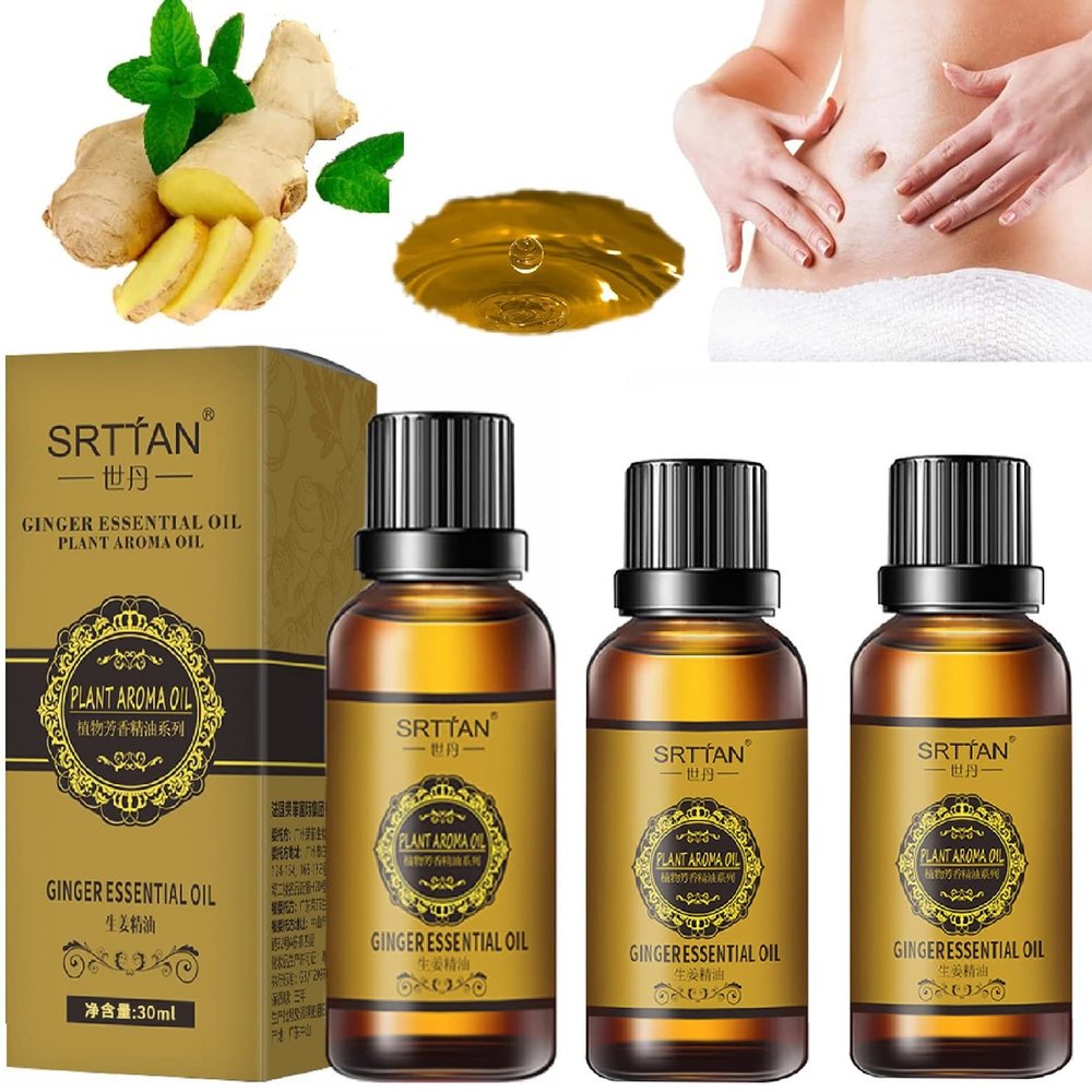 30ML SRTTAN Belly Drainage Ginger Oil, 3PC Natural Herbal Slimming Massage Oil, Slimming Tummy Ginger Oil, Relax Body Massager Organic Ginger Essential Oil for Swelling and Pain Relief