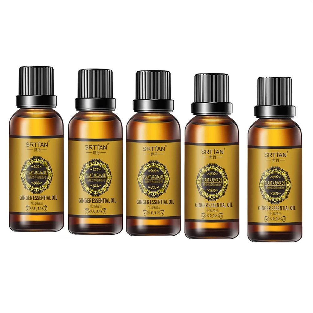 10ML SRTTAN Belly Drainage Ginger Oil, 5PC Natural Herbal Slimming Massage Oil, Slimming Tummy Ginger Oil, Relax Body Massager Organic Ginger Essential Oil for Swelling and Pain Relief