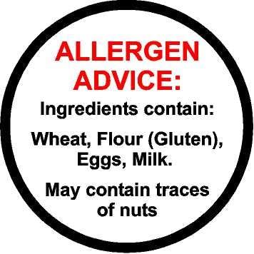 Allergen advice food ingredients catering wheat, flour (Gluten), eggs, milk, may contain nuts 30mm Safety label sign - Self adhesive sticker (60)