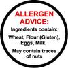 Allergen advice food ingredients catering wheat, flour (Gluten), eggs, milk, may contain nuts 30mm Safety label sign - Self adhesive sticker (60) view 1