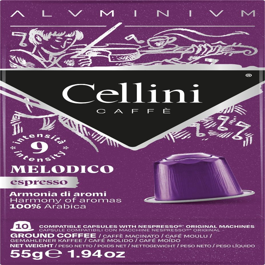 Cellini Aluminium Coffee Capsules Compatible with Nespresso - Melodico 100pcs | Aluminium Coffee Capsules Compatible with Nespresso Aromatic Bitter Cocoa Notes