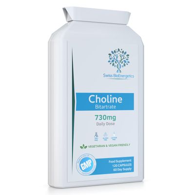 Choline Bitartrate 730mg Daily Dose, 120 Vegan Choline Supplement Capsules - UK Made Support for Healthy Liver Function and Fat Metabolism