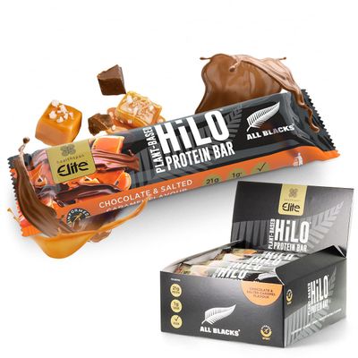 Healthspan Elite All Blacks Protein Bars (12 bars) | 21g Plant Based Protein | 7.8g Fibre | 1.1g Naturally Occurring Sugars | Informed Sport Accredited | Vegan (Chocolate & Salted Caramel)