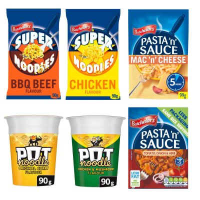 Batchelors Super Noodles - Chicken & BBQ Beef, Pot Noodle - Chicken and Mushroom & Curry, Batchelors Pasta n Sauce - Low Fat Tomato Onion & Herb & Mac n Cheese