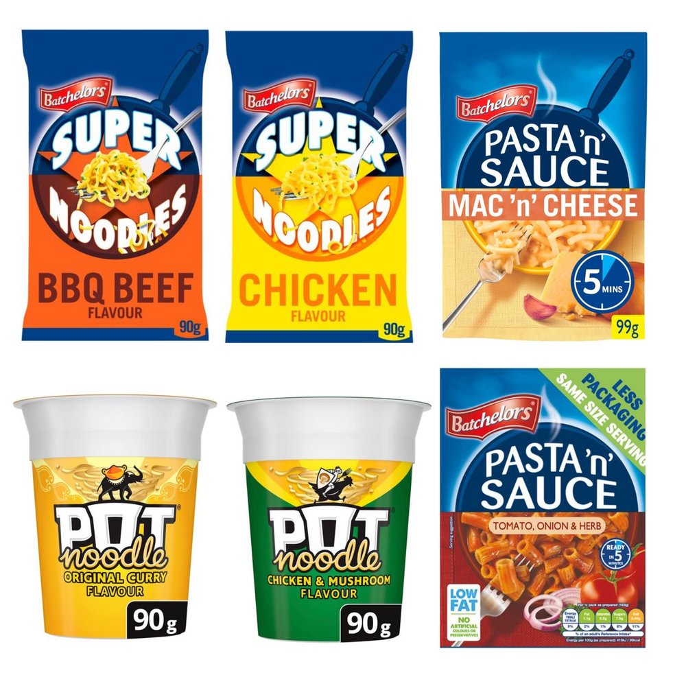 Batchelors Super Noodles - Chicken & BBQ Beef, Pot Noodle - Chicken and Mushroom & Curry, Batchelors Pasta n Sauce - Low Fat Tomato Onion & Herb & Mac n Cheese