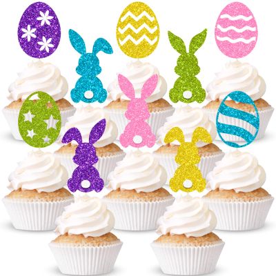 Gersoniel 40 Pcs Easter Cupcake Toppers Bulk Glitter Bunny Egg Cake Toppers Colorful Cute Rabbit Egg Easter Baby Shower Birthday Party Decorations, 5 Colors