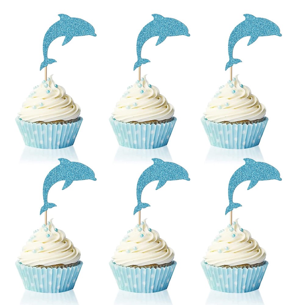 Trelsan 24 Piece Dolphin Cupcake Toppers - Blue Glitter Cupcake Toppers - Baby Shower - Birthday Party Sea Creature Themed Cake Toppers