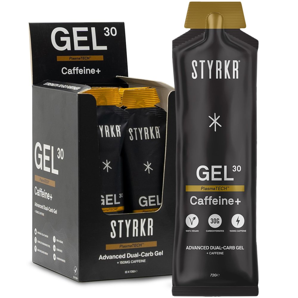 GEL30 Caffeine+ Energy Gels with Caffeine by Styrkr - 30g of Carbs - Pack of 12 Running & Cycling Gels with 150mg of Caffeine - for Endurance Athletes - Dual-Carb Formula - GEL30 Caffeine+ 12x Pack