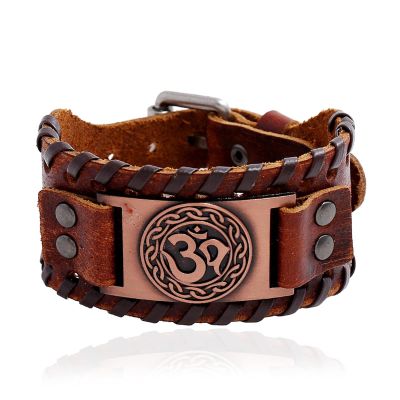 TYUTYU Charms Yoga Symbol Wide Wrap Layer Bangle Genuine Leather Watch Strap Bracelet Jewelry Punk Men Cuff Jewelry (Metal Color : Antique copper)